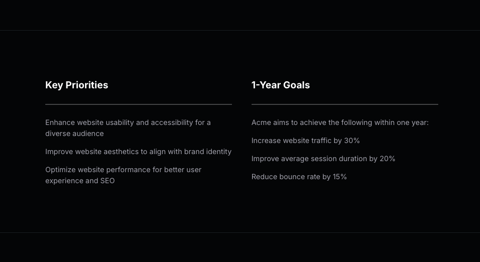 a black background with a list of key priorities and goals .