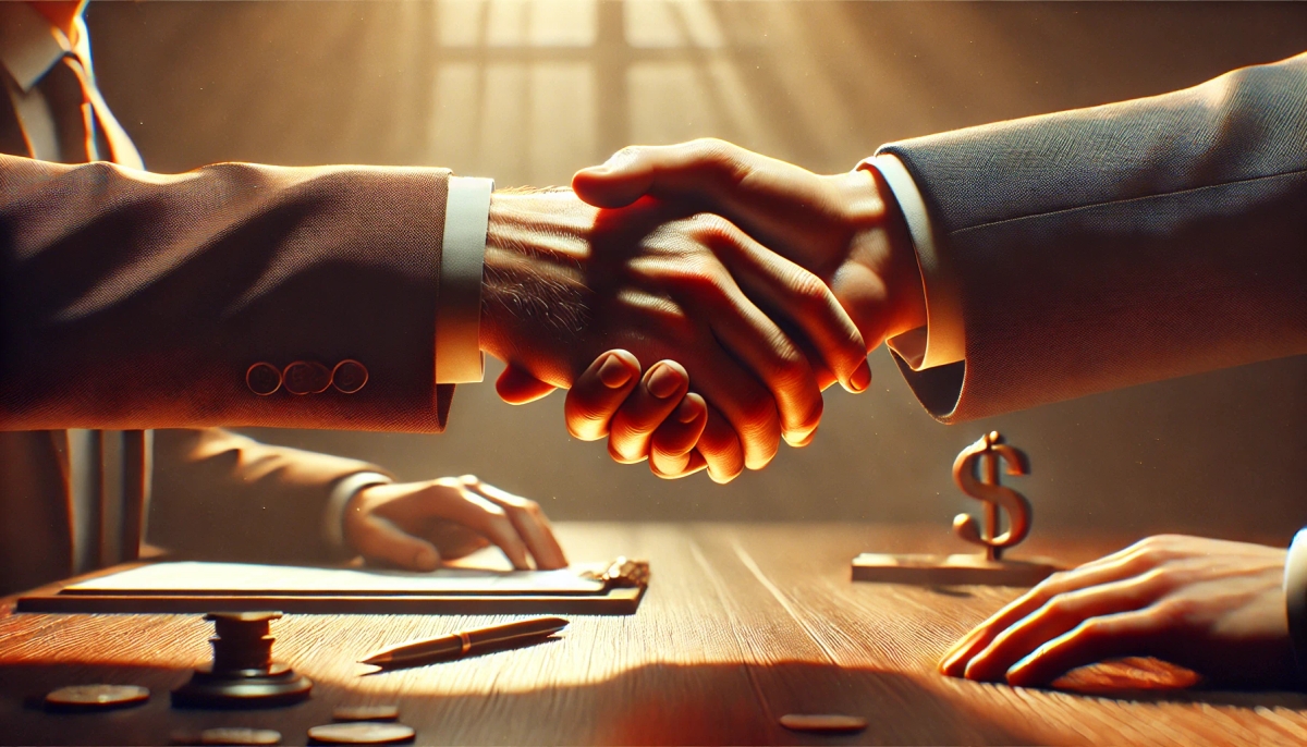 two businessmen are shaking hands over a wooden table