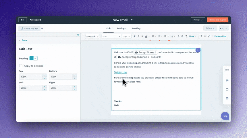 Email editor interface showing text padding options and a preview of a welcome email.
