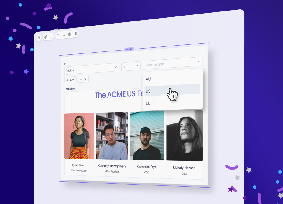 A software interface shows a user selecting 'US' from a 'Region' filter, revealing 'The ACME US Team' with four employee profiles.