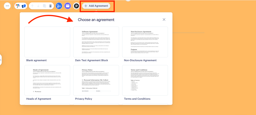 a choose an agreement screen with a red arrow pointing to the add agreement button