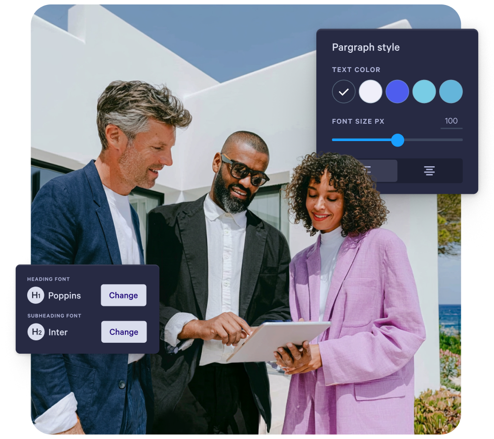 Three professionals reviewing a tablet with overlaid UI for font and text style customization.