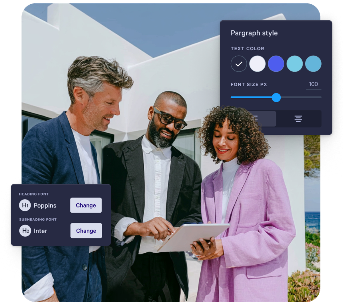 Three professionals reviewing a tablet with overlaid UI for font and text style customization.