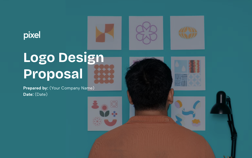 a man looking at a wall with a pixel logo design proposal