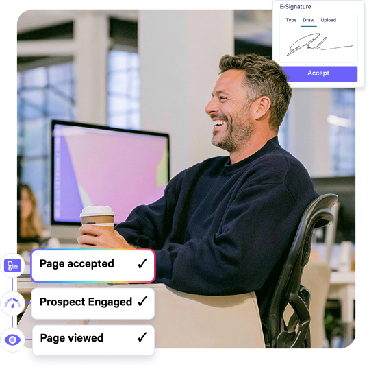 A smiling man in an office, with digital overlays showing an e-signature panel and engagement tracking statuses like "Page accepted."
