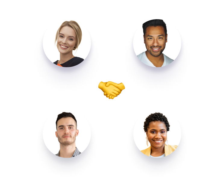 four people are shown in circles on a white background