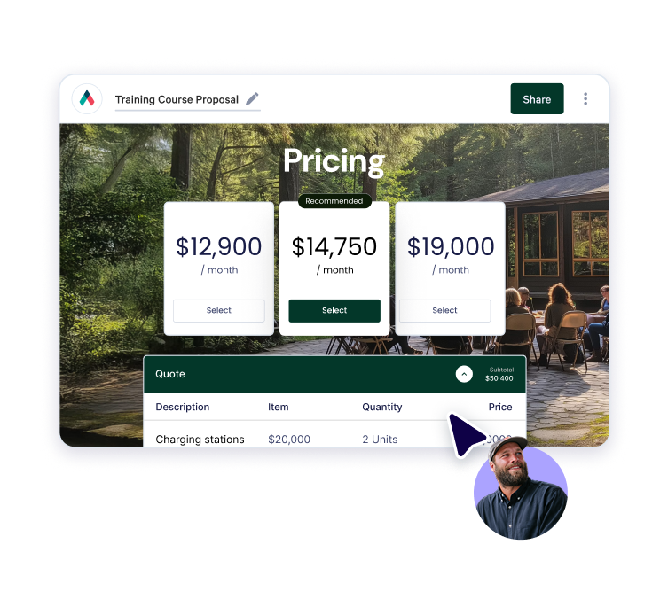 A proposal with a pricing calculator showing $117,000 in savings and a video thumbnail.