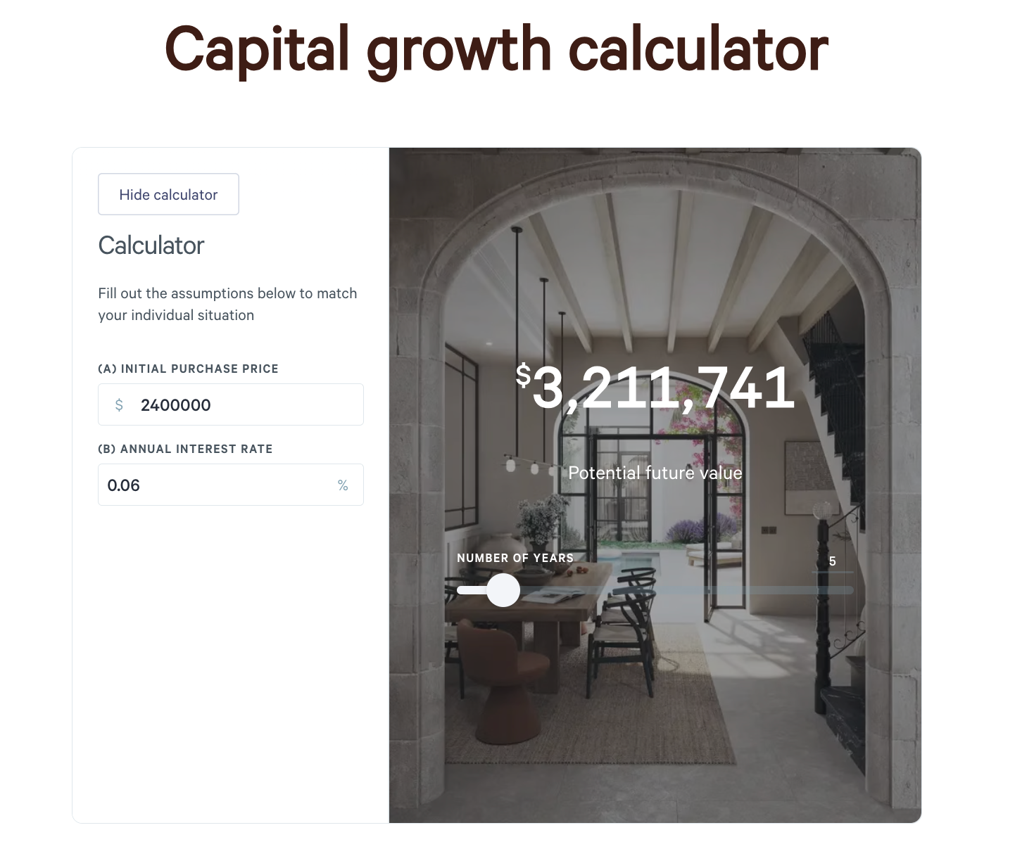 the capital growth calculator shows a potential future value of $ 3,211,741