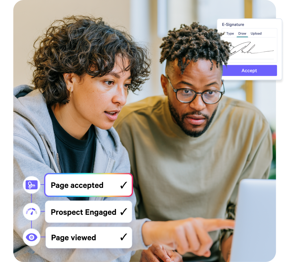 A woman and a man look at a laptop screen displaying an e-signature prompt and workflow progress updates.