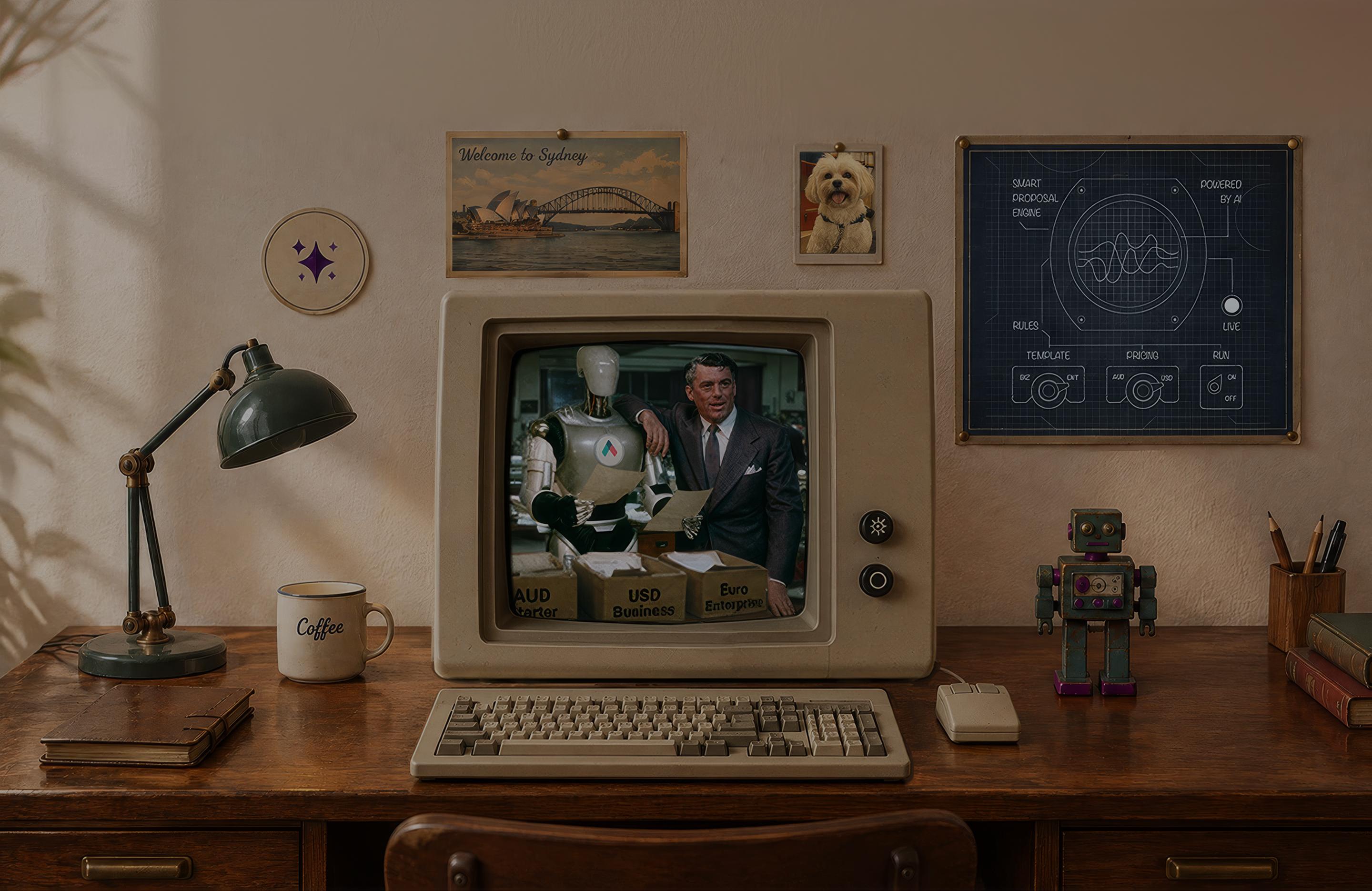 A vintage office desk with a CRT computer, a desk lamp, a coffee mug and a toy robot