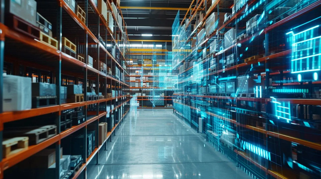 Warehouse aisle with blue digital data and shopping cart icons overlaid on racks.
