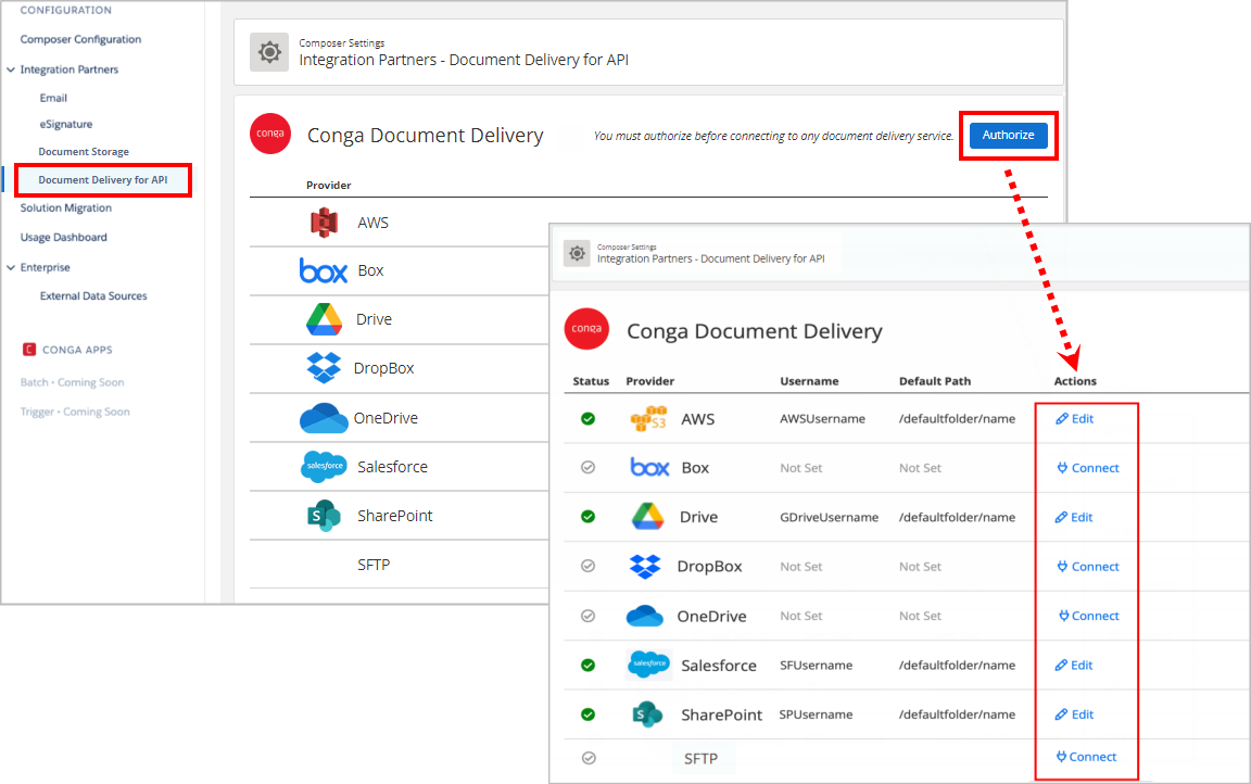Screenshot of Conga's Document Delivery for API settings, showing the navigation item selected, an 'Authorize' button, and a list of cloud storage providers like AWS and Box with options to connect or edit integrations.
