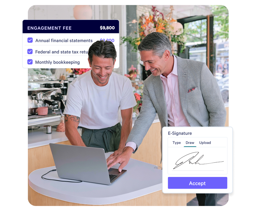 Two smiling men review an engagement fee breakdown and an e-signature prompt on a laptop.