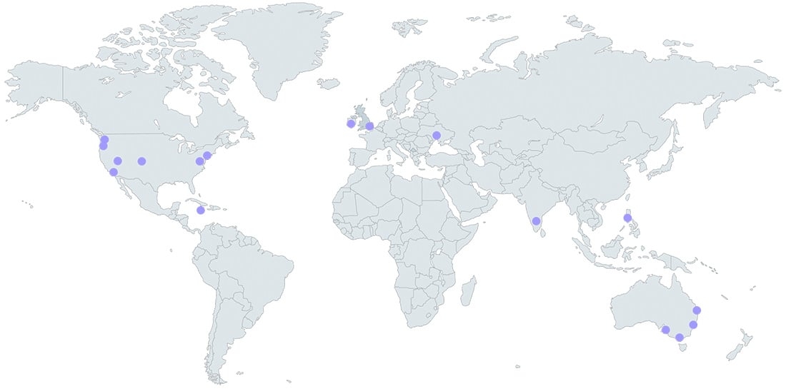 A world map showing the locations of Qwilr's support team