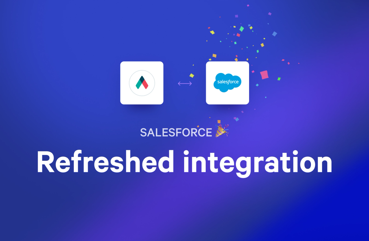Airtable and Salesforce app icons connected by arrows, with confetti and the text "SALESFORCE Refreshed integration."