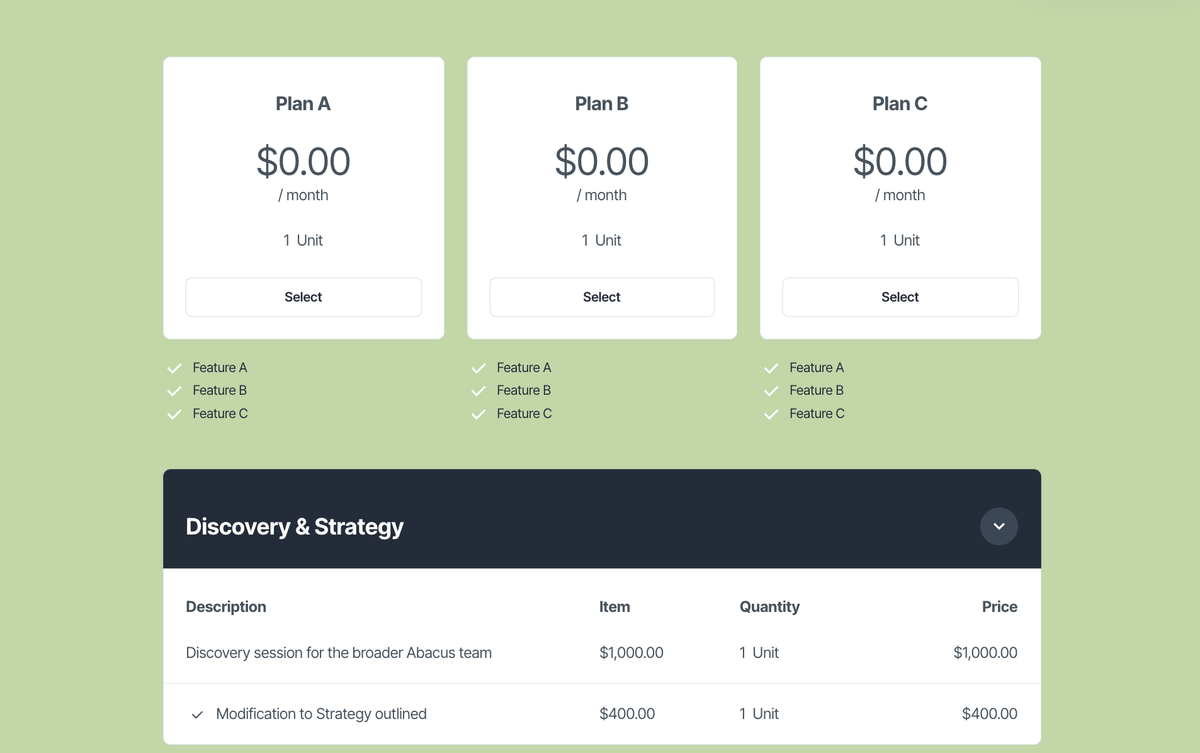 A pricing page showing three free plans (A, B, C) with features, and a "Discovery & Strategy" section listing additional paid services.