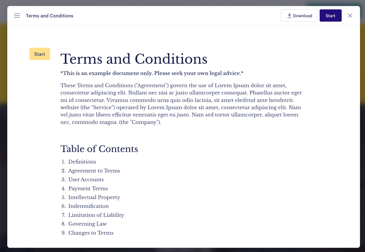 A screen displaying a "Terms and Conditions" document with a table of contents.
