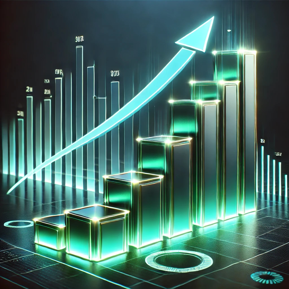 a 3d rendering of a glowing graph with an arrow pointing up .