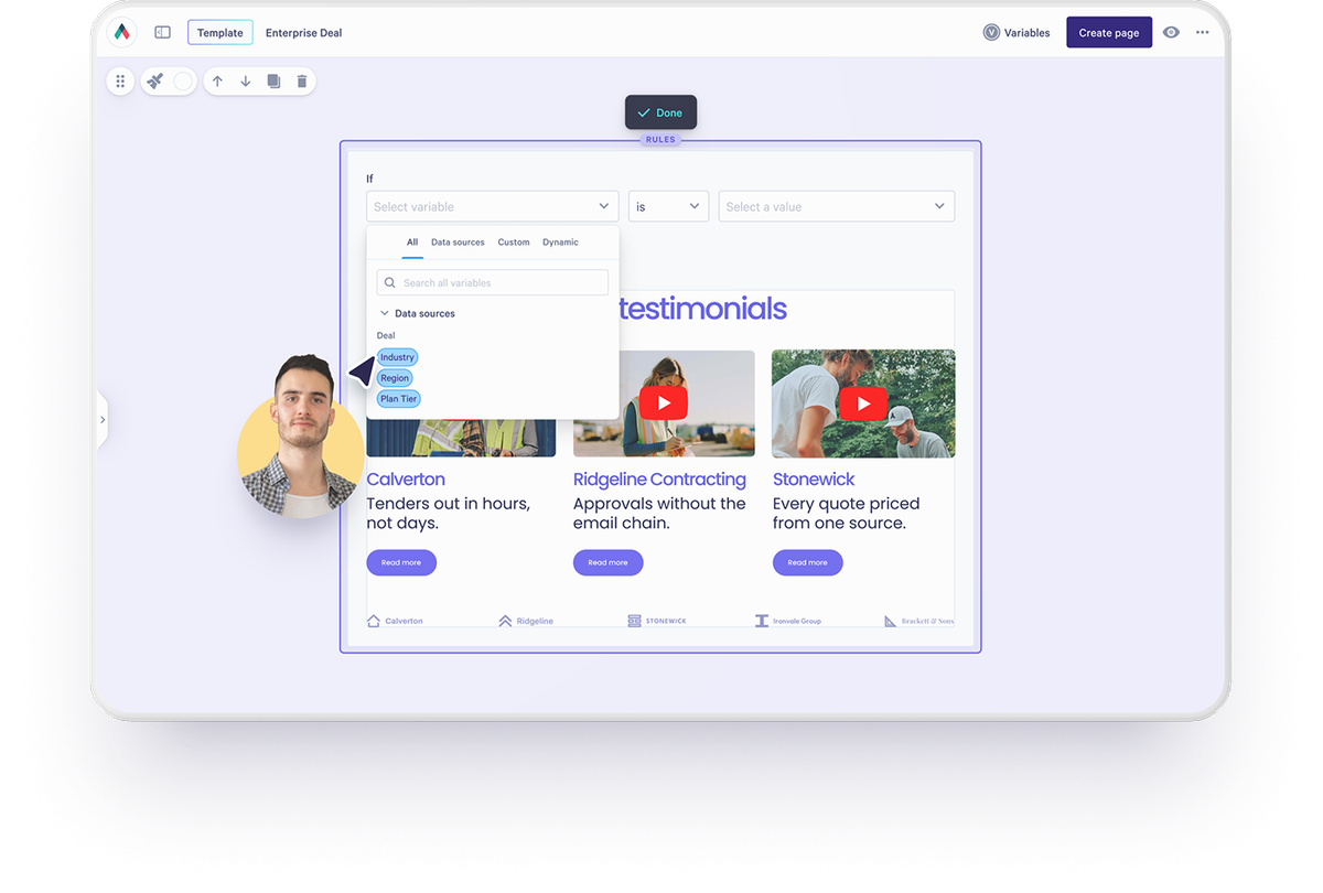A template builder interface showing an open dropdown menu to select data sources like Industry and Region, next to testimonial cards.