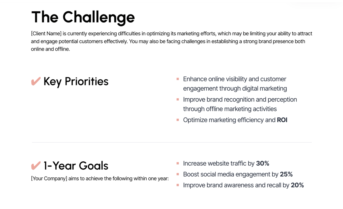 a page that says the challenge key priorities and 1 year goals