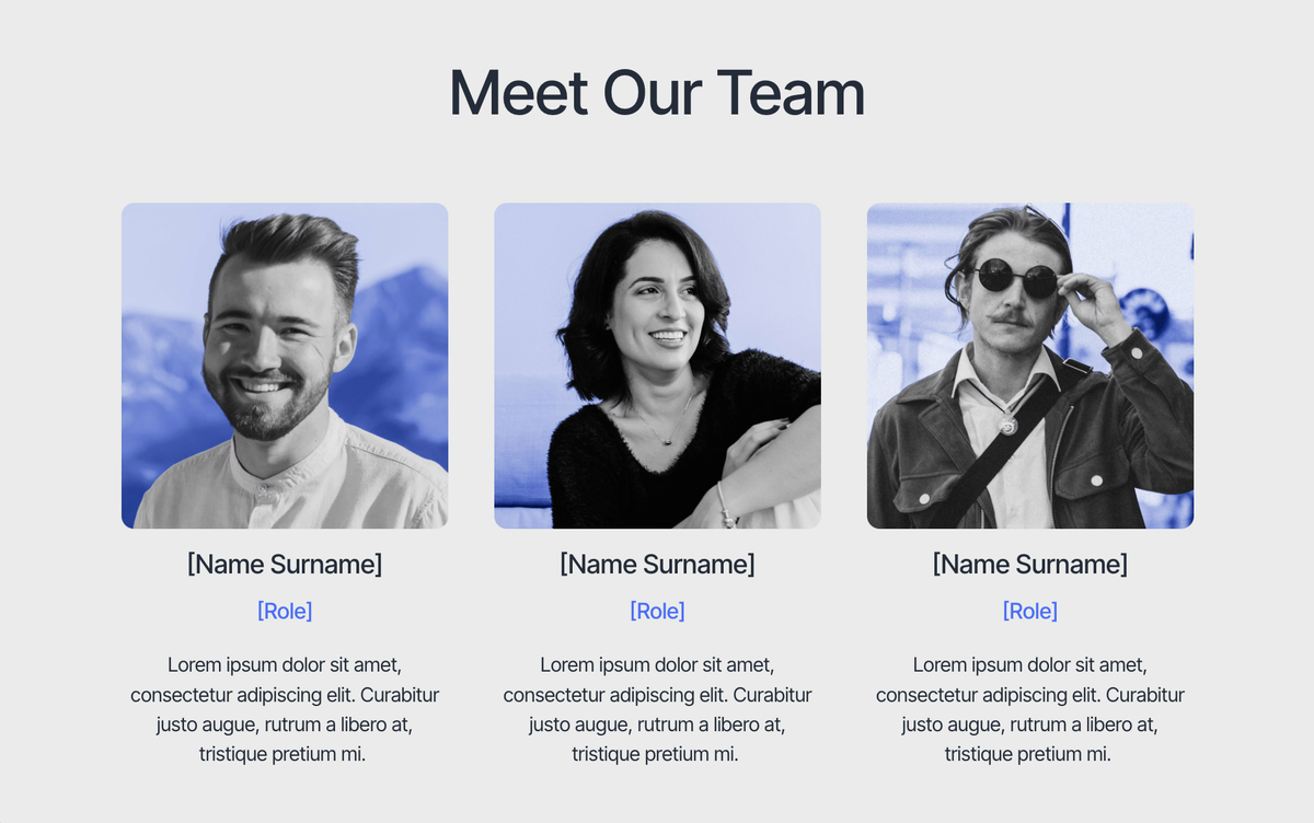 Meet Our Team section with three stylized blue-tinted profile photos, placeholder names, roles, and descriptions.