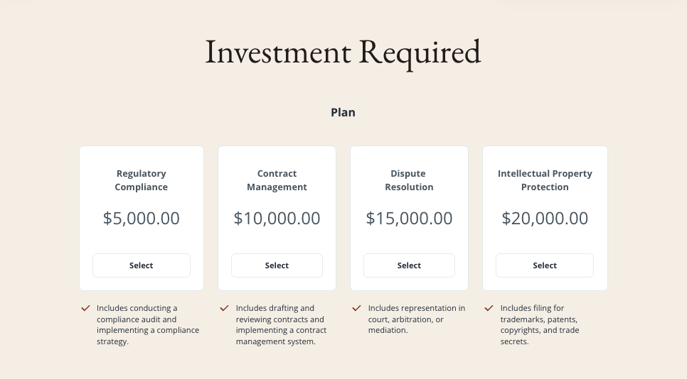a screenshot of the legal services pricing packages