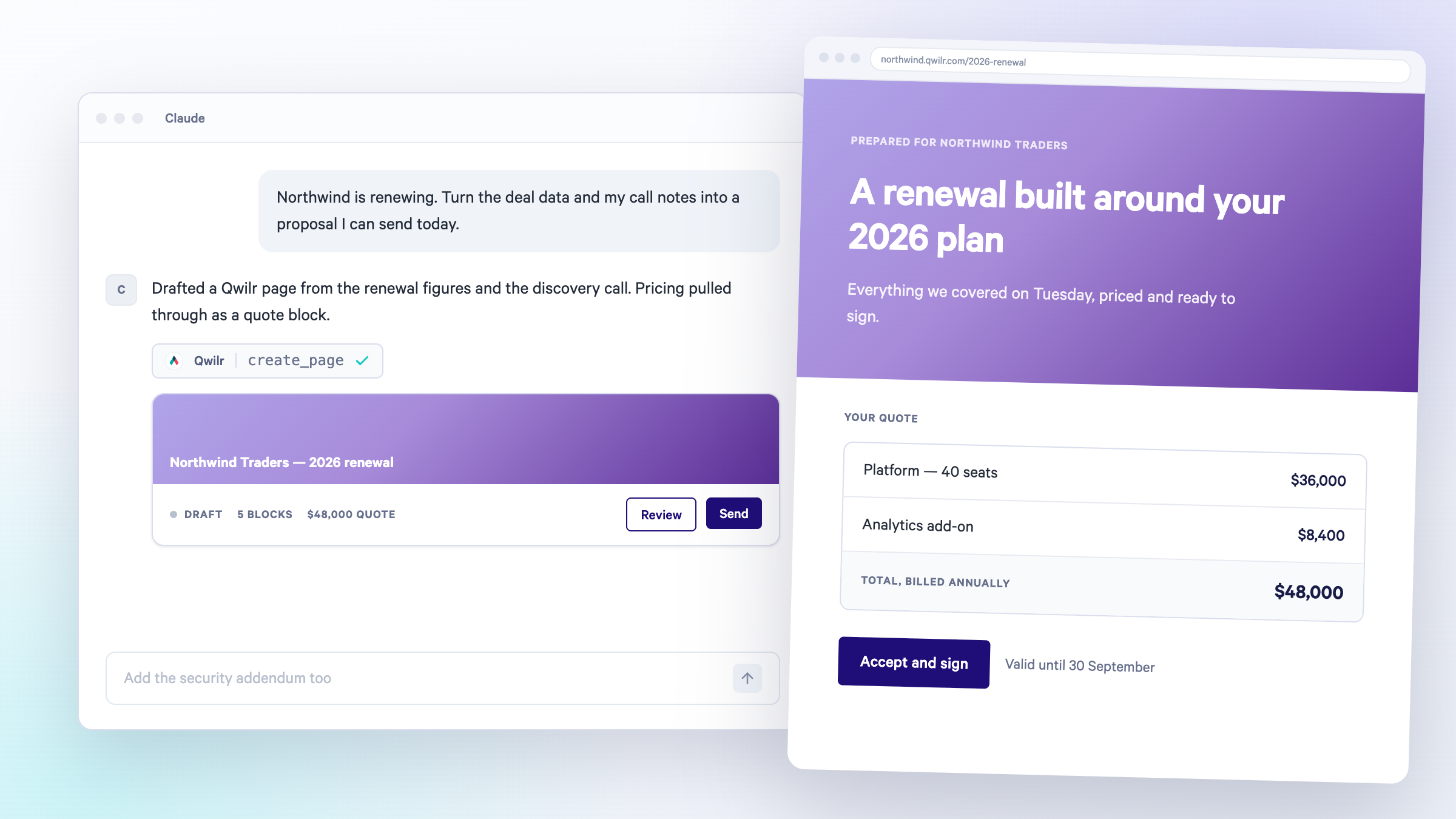 AI chat generating a $48,000 business renewal proposal, displayed in a web browser window.