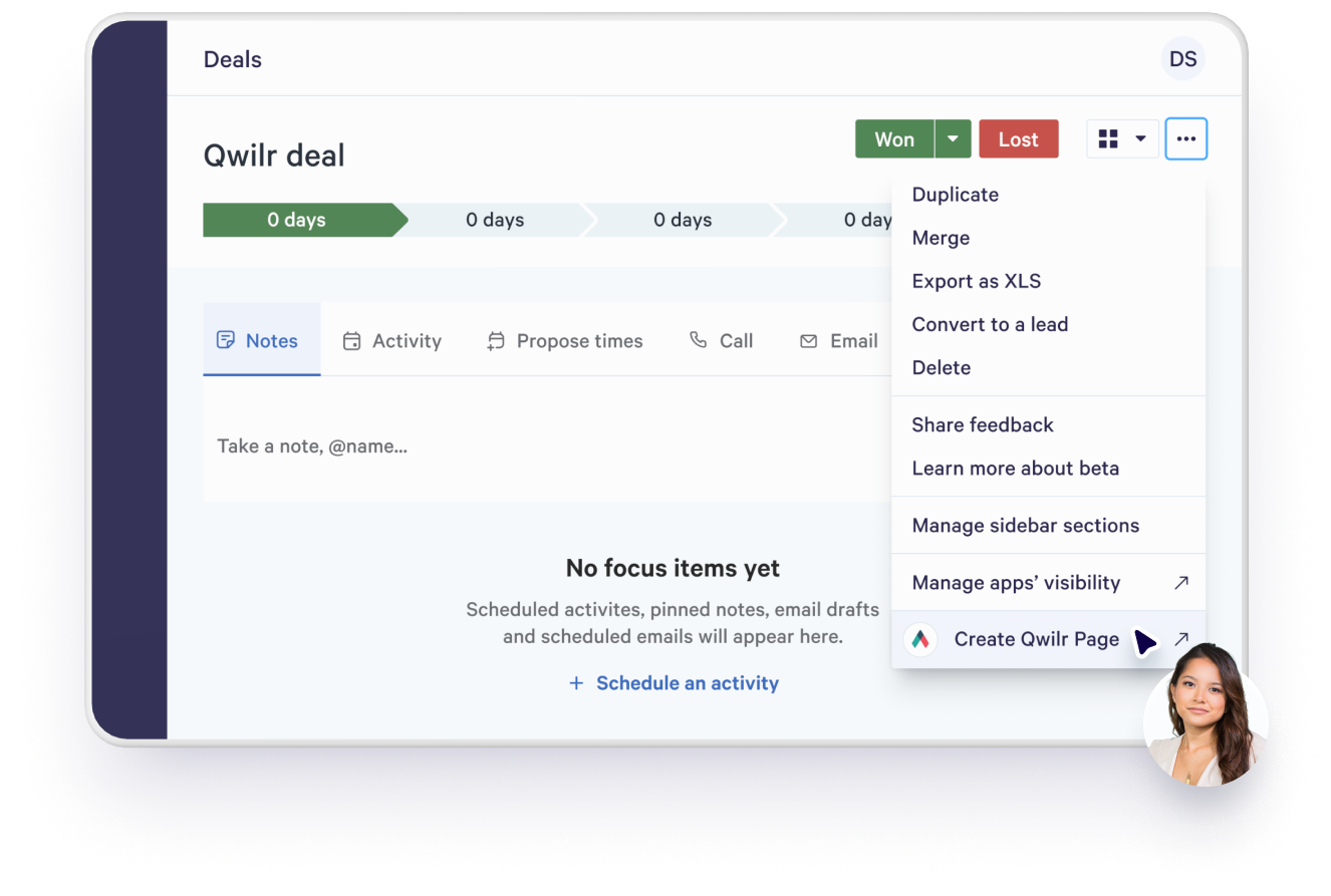 Showing 'create page' action in Pipedrive dashboard