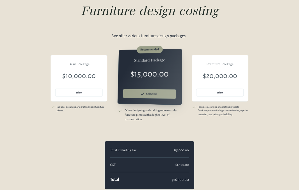 pricing table on proposal