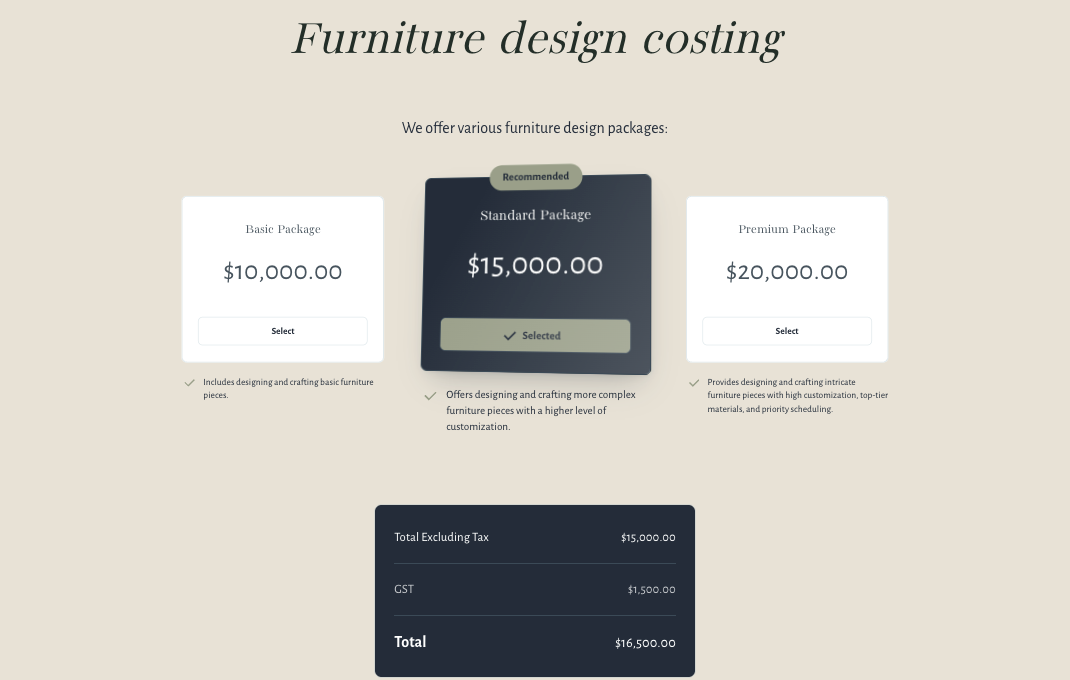 pricing table on proposal