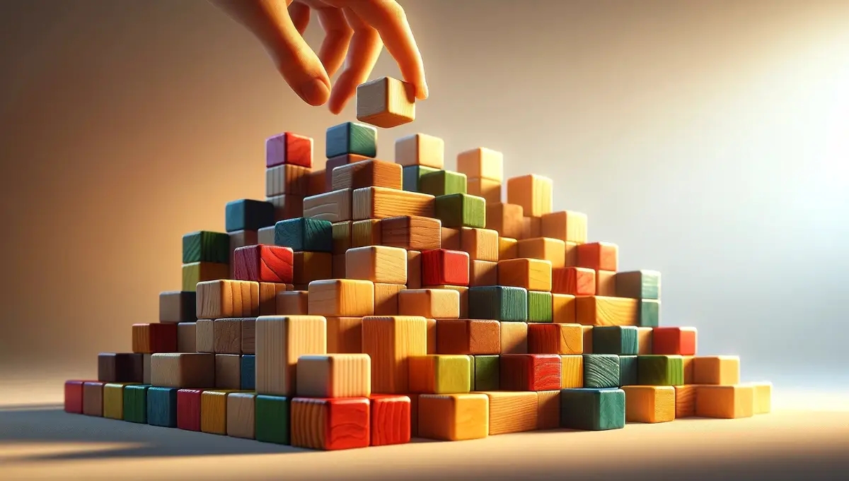 a person is putting a wooden block into a pyramid of wooden blocks .