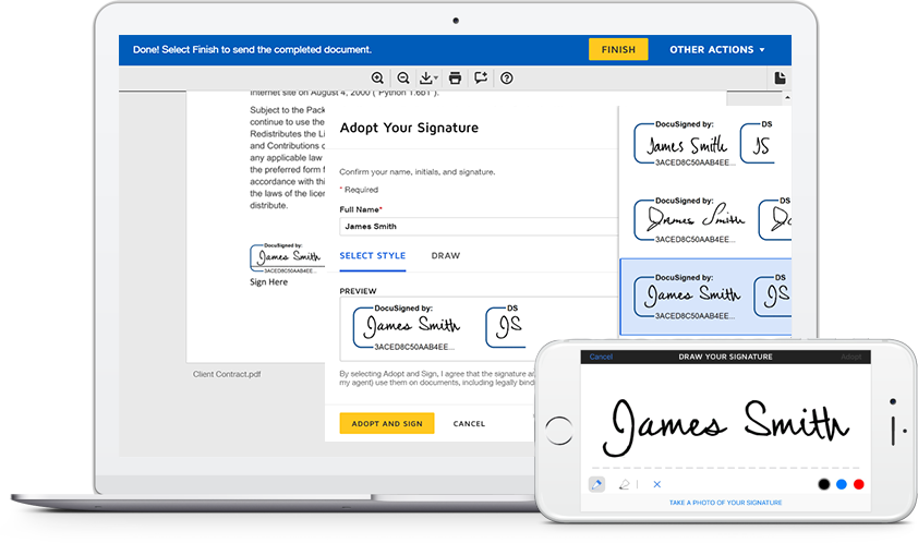 Docusign signature is displayed on a laptop and phone