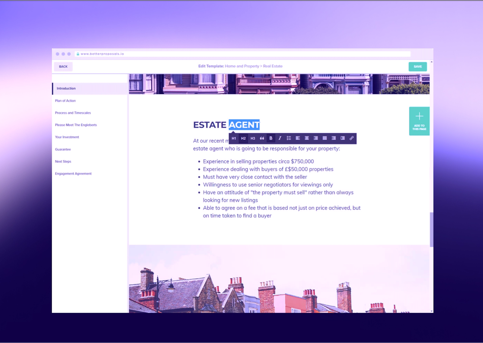 A web browser displaying an "ESTATE AGENT" document template, with text editing tools open over the word "AGENT".