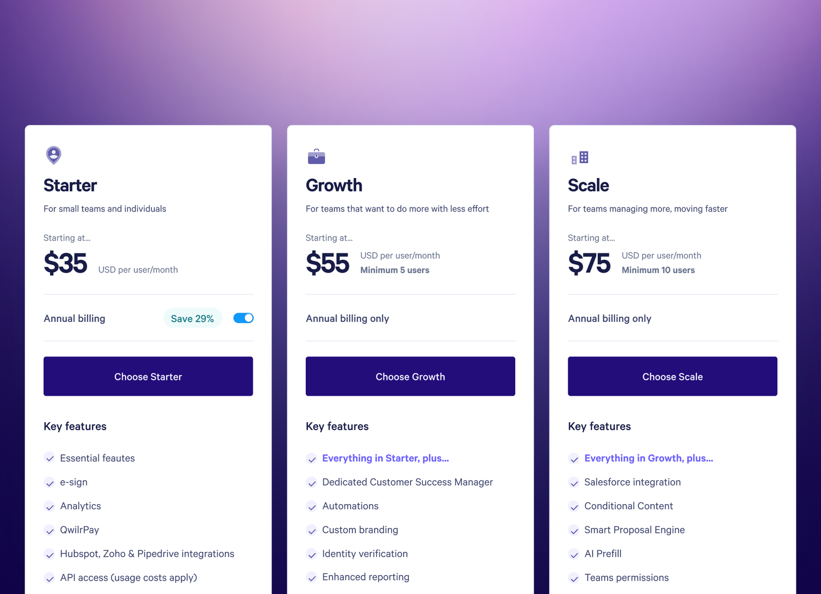A pricing table showing three plans: Starter ($35), Growth ($55), and Scale ($75), with key features listed for each.