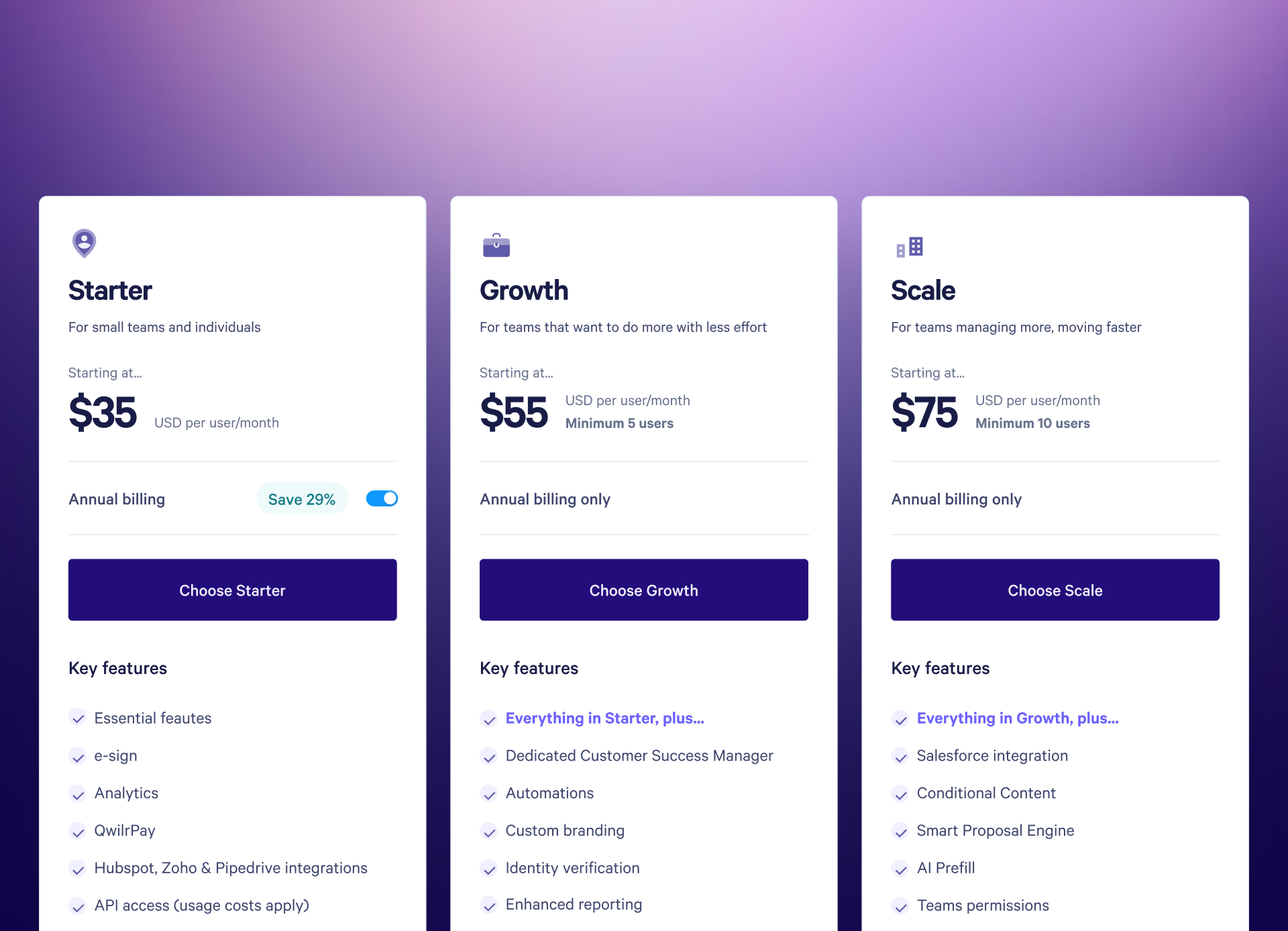 A pricing table showing three plans: Starter ($35), Growth ($55), and Scale ($75), with key features listed for each.
