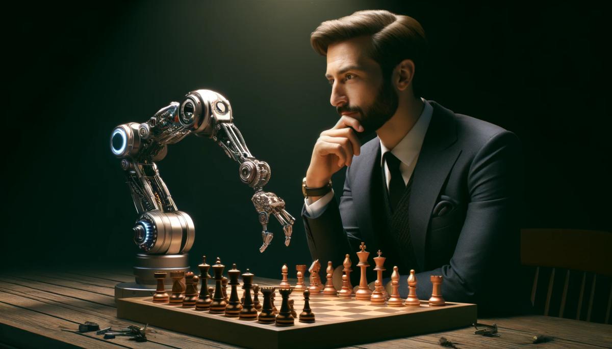 a man in a suit is playing chess with a robotic arm .