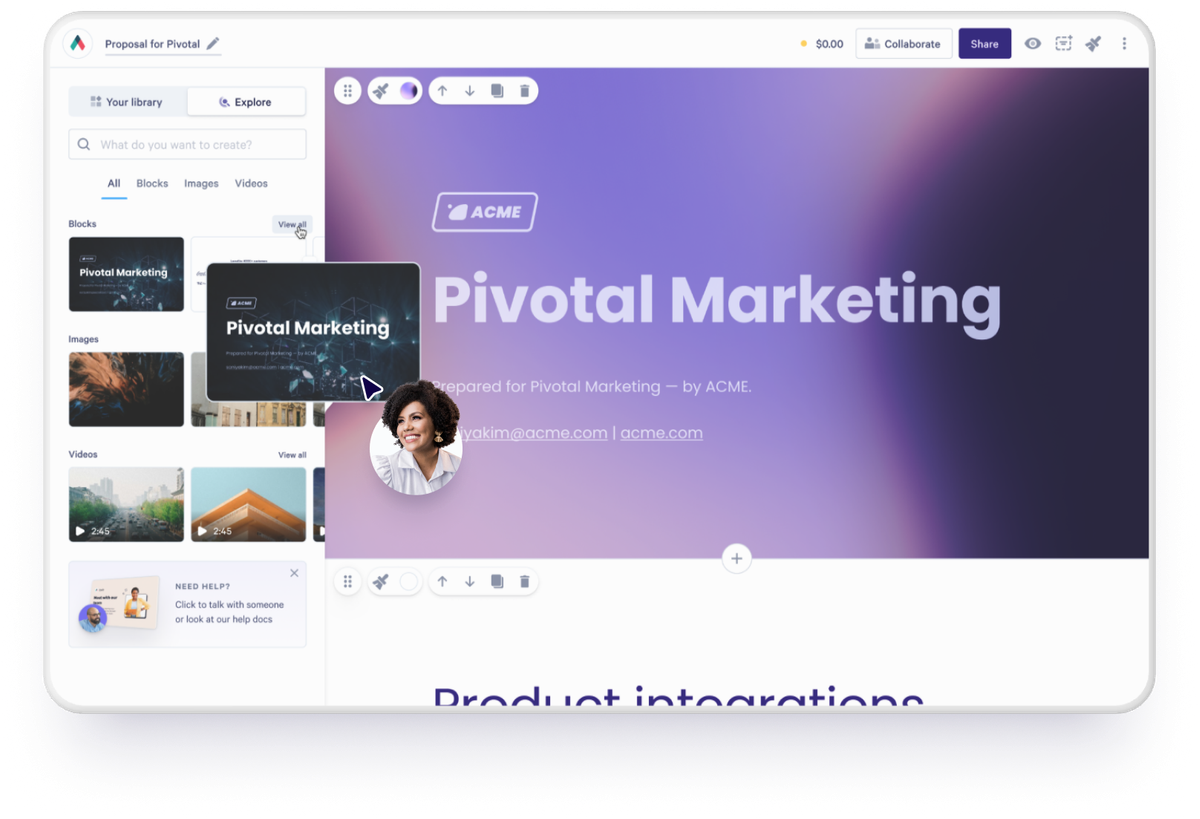 A proposal software interface showing a "Pivotal Marketing" slide with a content block being dragged from a library.
