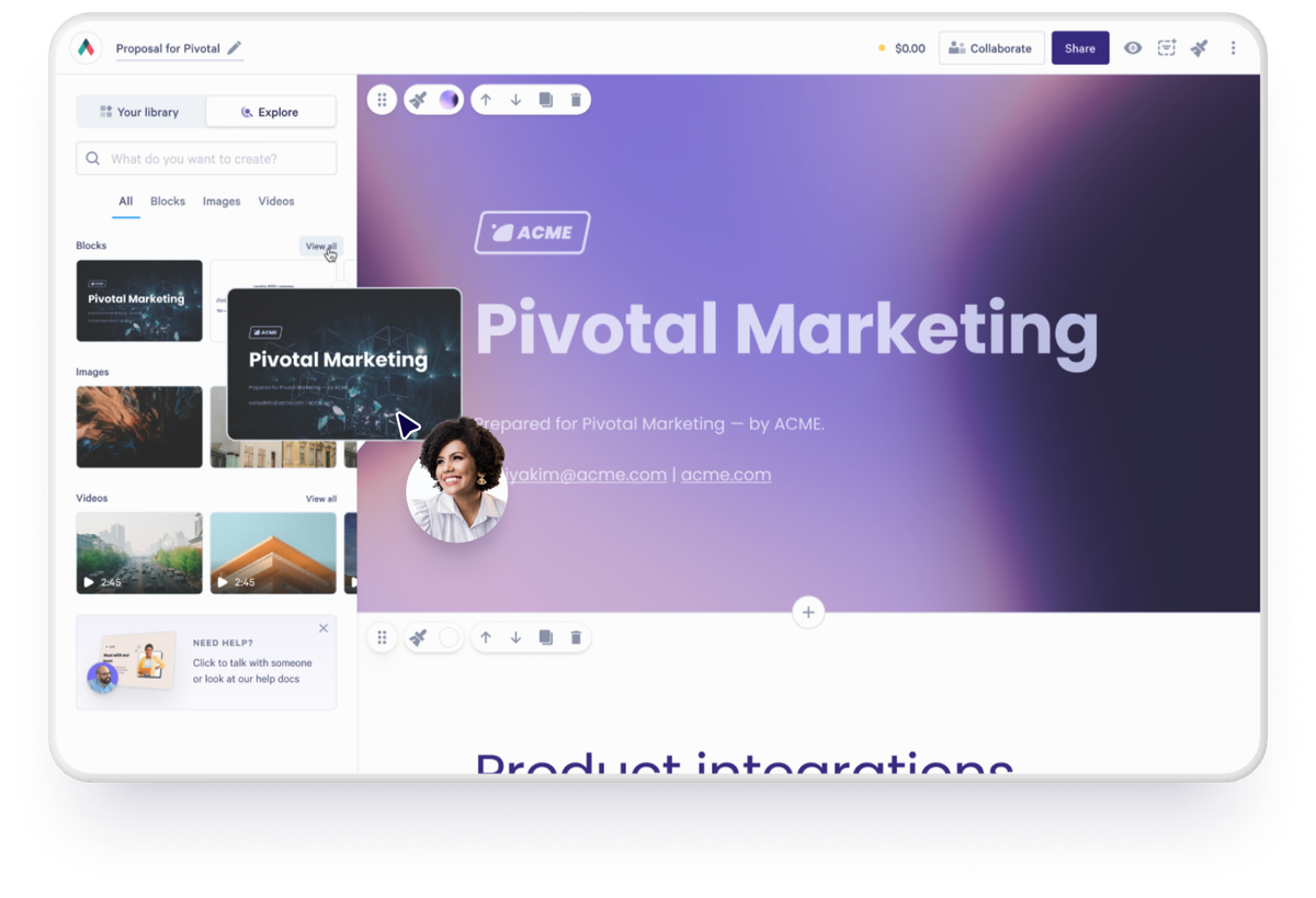 A proposal software interface showing a "Pivotal Marketing" slide with a content block being dragged from a library.