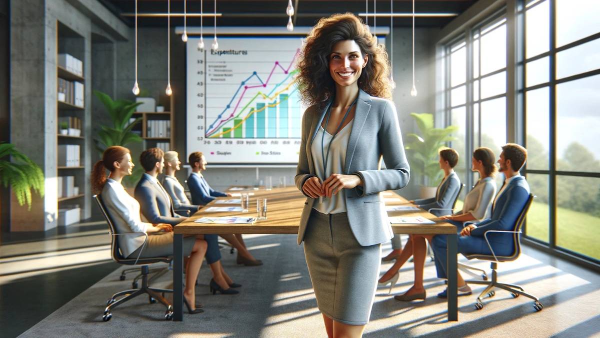 Enterprise AE speaking to an executive team with an important report in the background