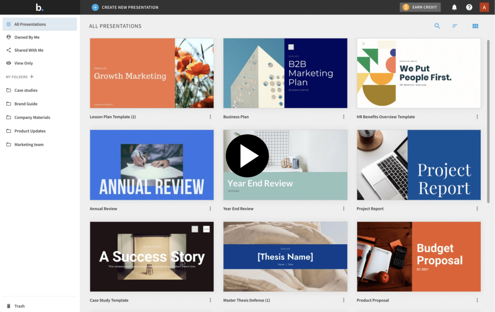 a screenshot of the create new presentation page and templates