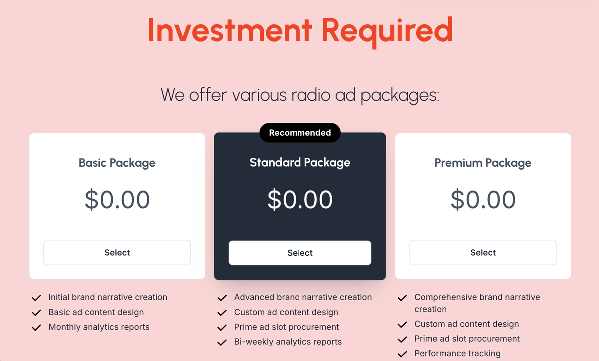 a website offers various radio ad packages for $ 0.00