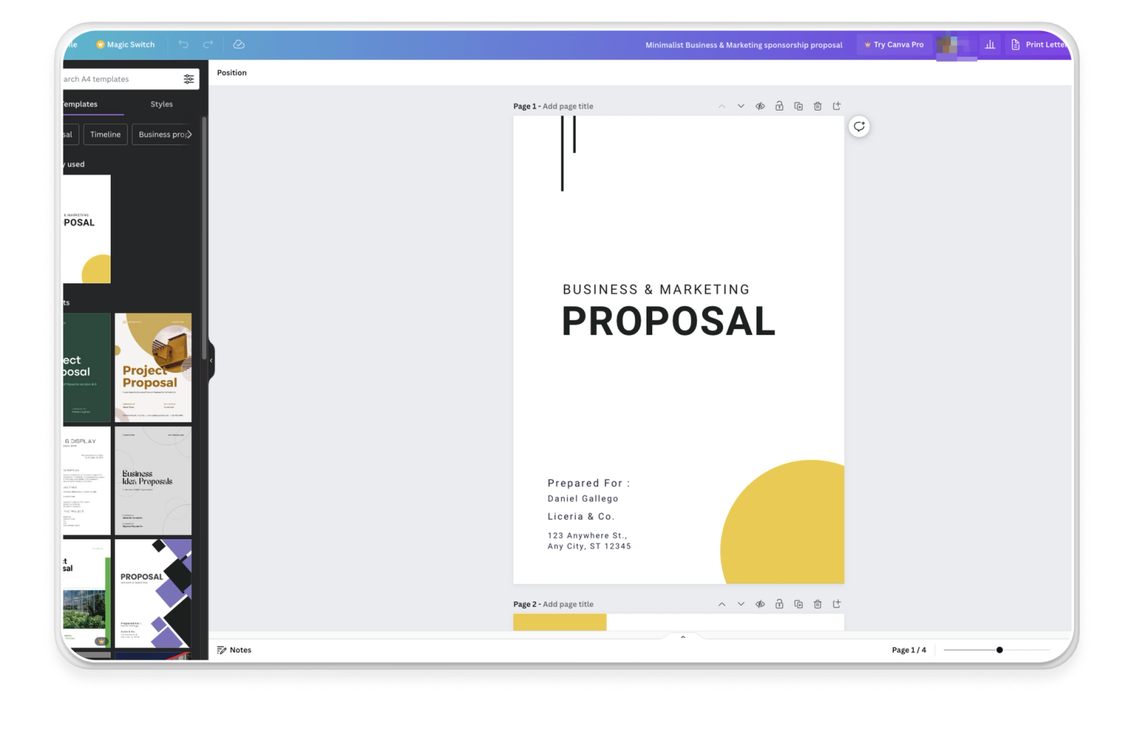 a computer screen shows a business and marketing proposal