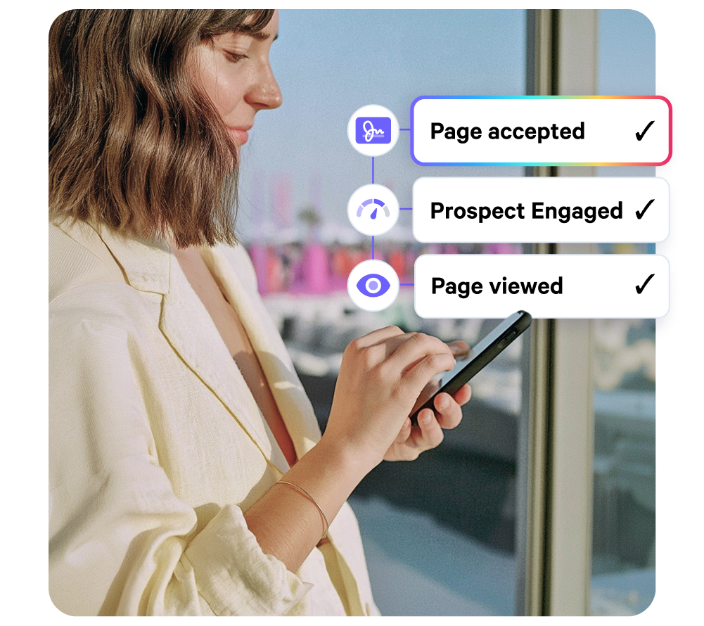Woman viewing smartphone with overlaid digital progress indicators: "Page accepted," "Prospect Engaged," and "Page viewed."