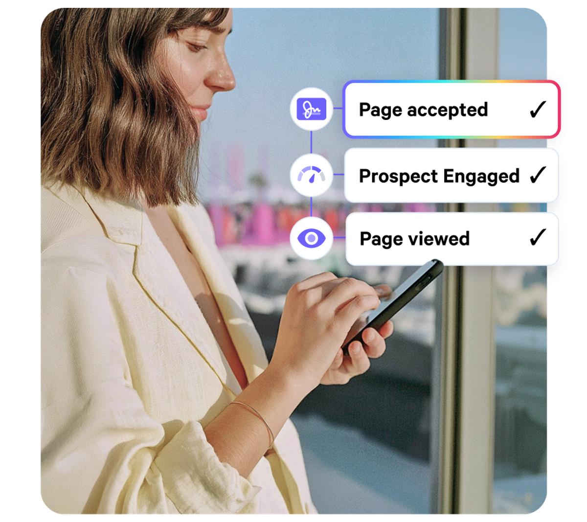 Woman viewing smartphone with overlaid digital progress indicators: "Page accepted," "Prospect Engaged," and "Page viewed."