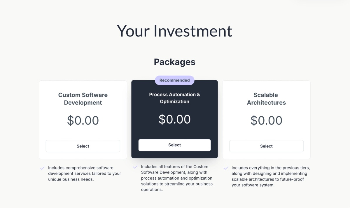 A pricing table titled "Your Investment" showing three packages: Custom Software Development, Process Automation & Optimization (recommended), and Scalable Architectures, all priced at $0.00.