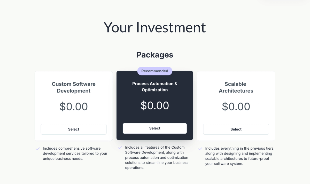 A pricing table titled "Your Investment" showing three packages: Custom Software Development, Process Automation & Optimization (recommended), and Scalable Architectures, all priced at $0.00.