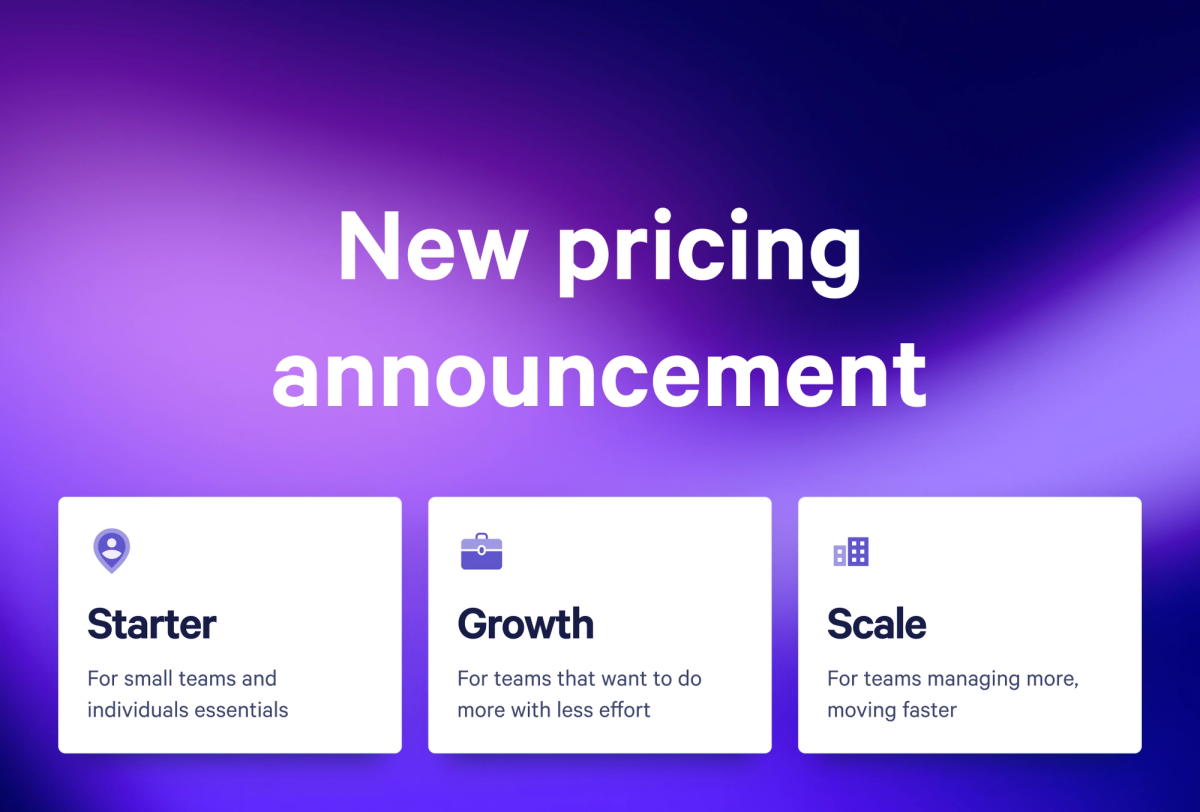 New pricing announcement with Starter, Growth, and Scale plans for different team sizes.