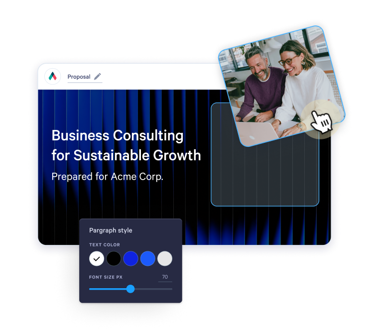 A document editor displays "Business Consulting for Sustainable Growth" with style options, while a hand cursor drags an image of two people onto it.