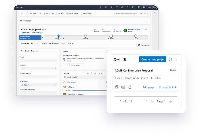 A Sales Hub application displaying a proposal, with an integrated Qwilr pop-up for managing enterprise proposals.