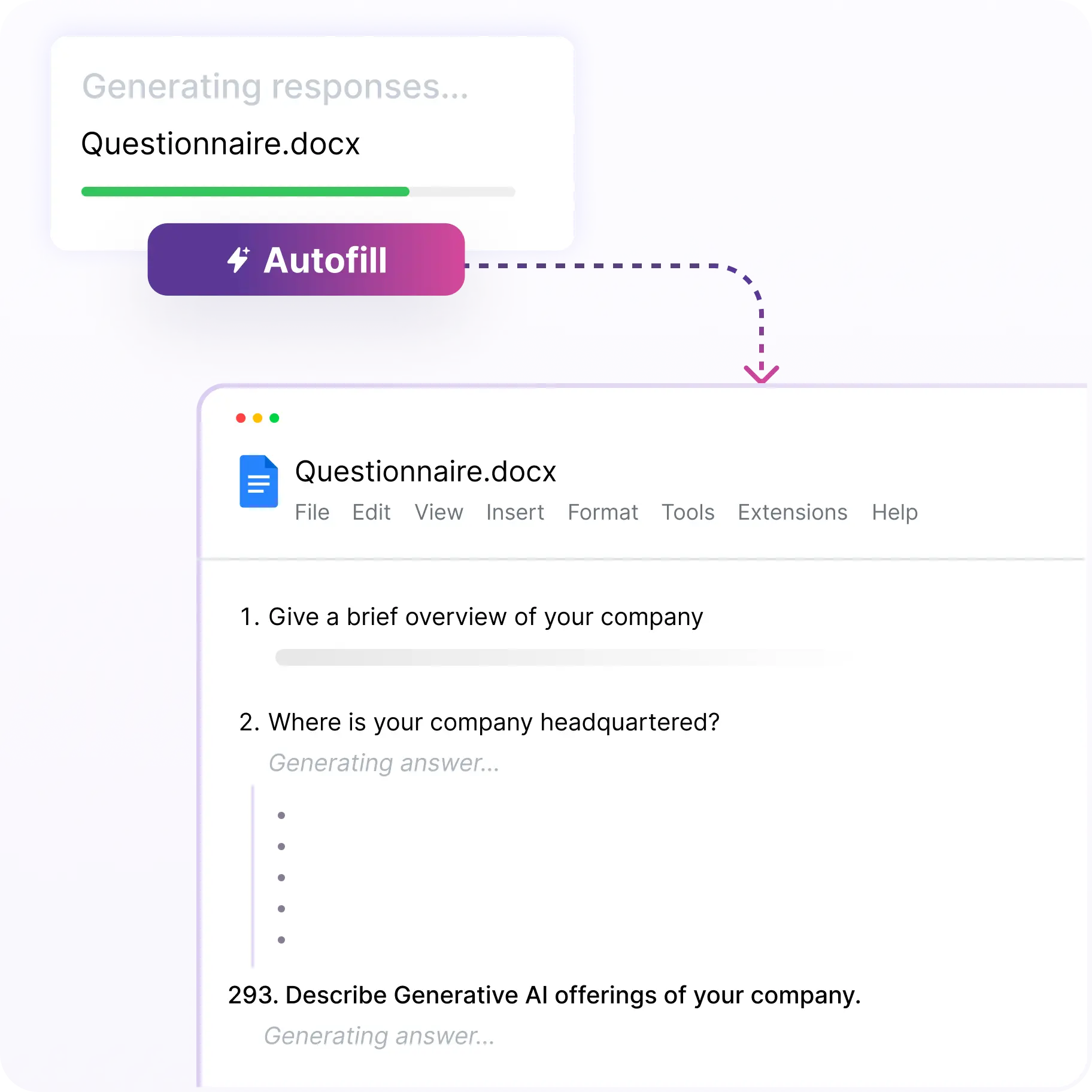 An AI assistant generating answers and autofilling a "Questionnaire.docx" document.